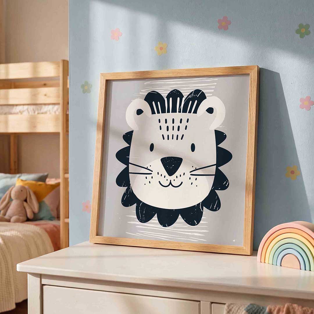 Leeuw gezicht – speelse wandkunst als vierkante kinderposter