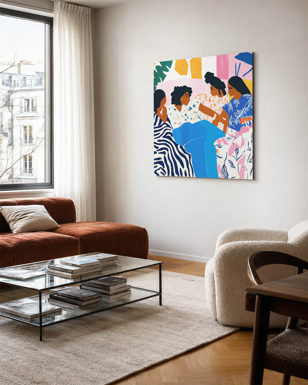 Vrolijke kleurencompositie kunstwerk – vierkante wanddecoratie – dit kunstwerk toont een levendige scène met vloeiende lijnen