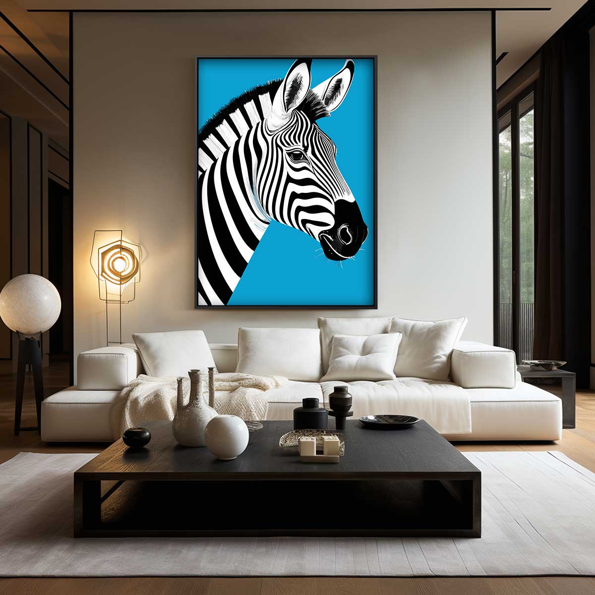 Zebra in de spotlight – kunstwerk met zwarte baklijst