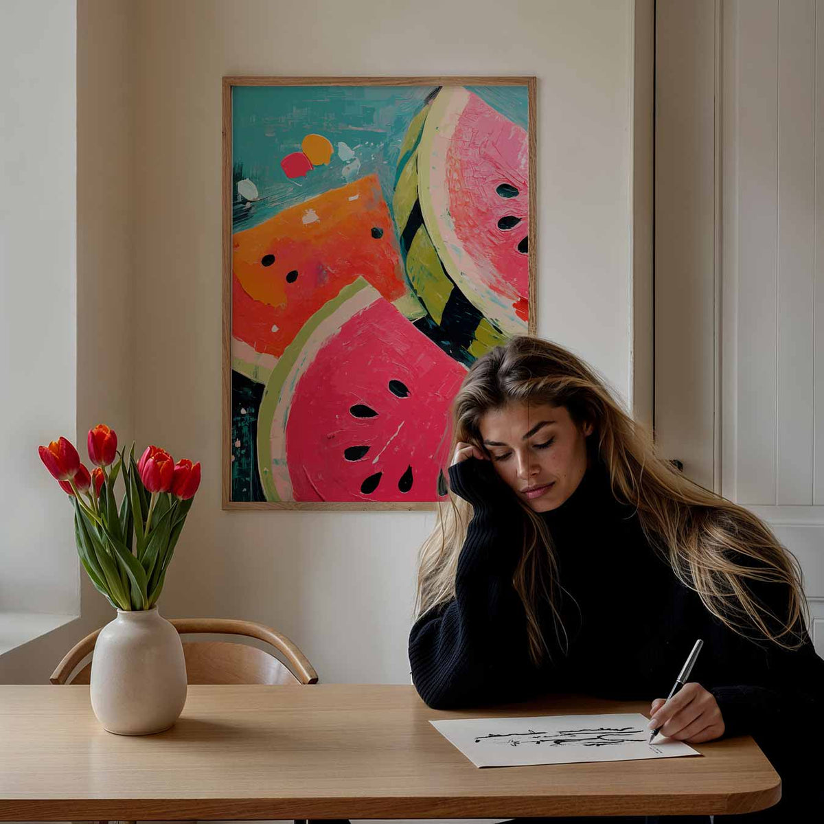 Vrolijke Watermeloen Kunstposter – keuken portret poster, afbeelding 7