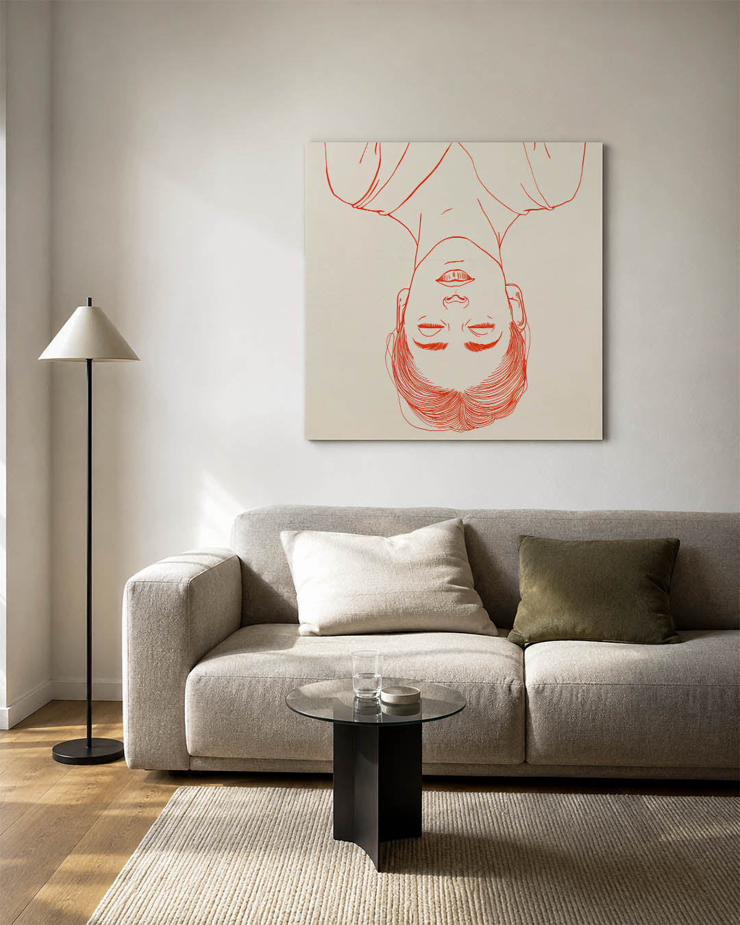 Portret kunstwerk – vierkante wanddecoratie – dit werk toont een lijnportret in rood op een beige achtergrond. De lijnen zijn