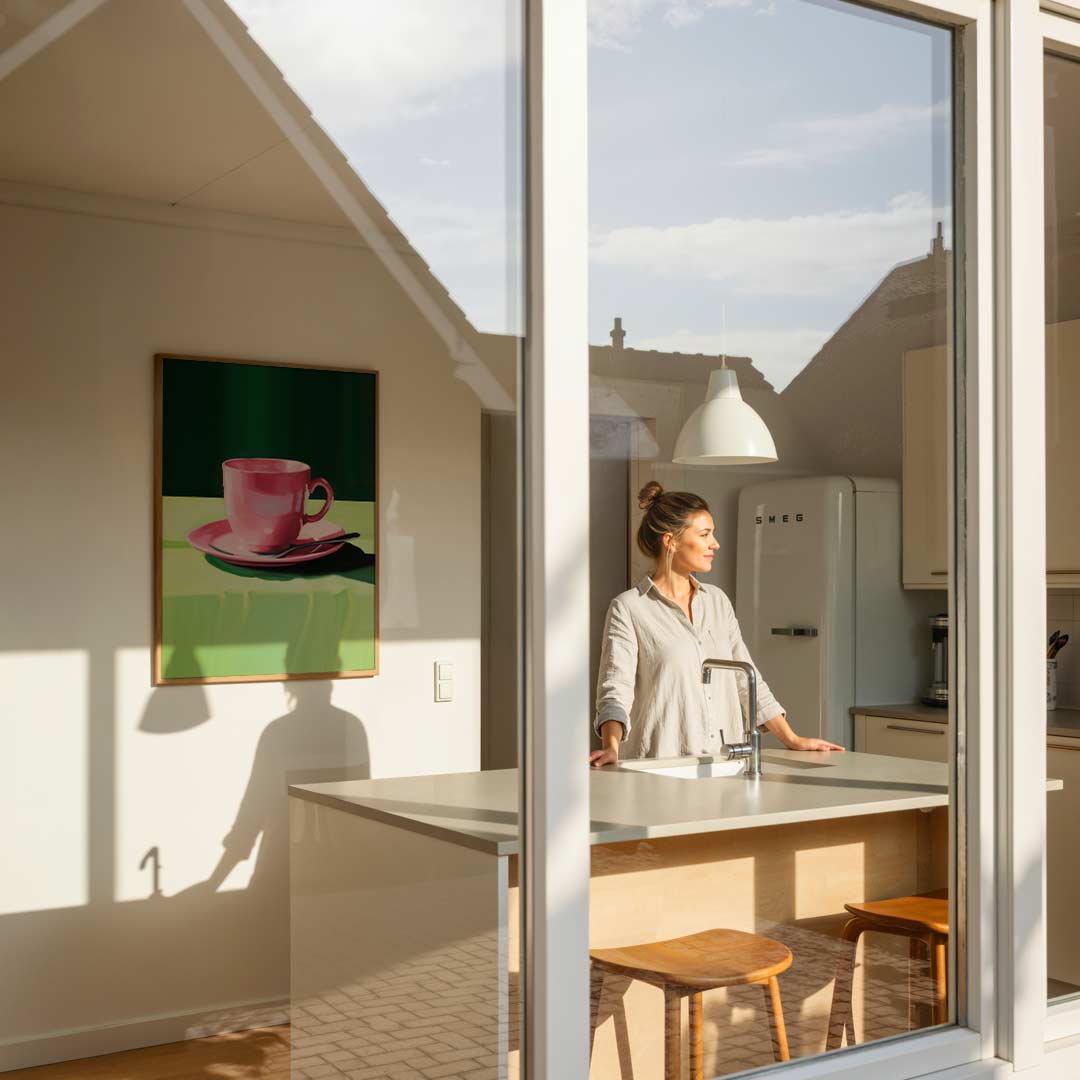Roze Koffiekop Stilleven – keukenposter in staand formaat