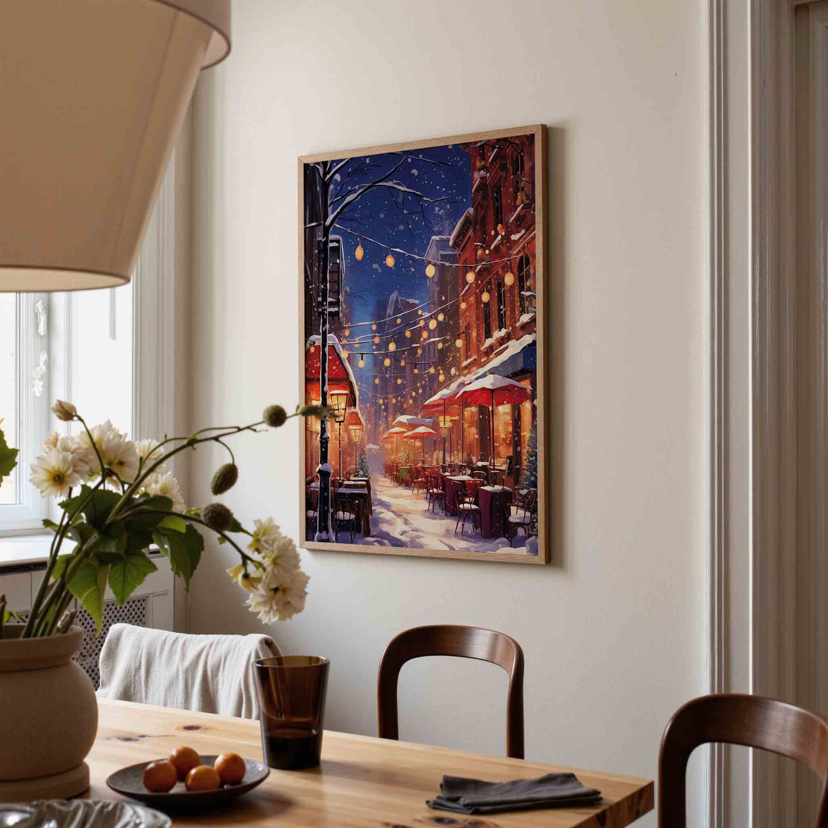 Winterse straat met verlichting – kerstposter in staand formaat