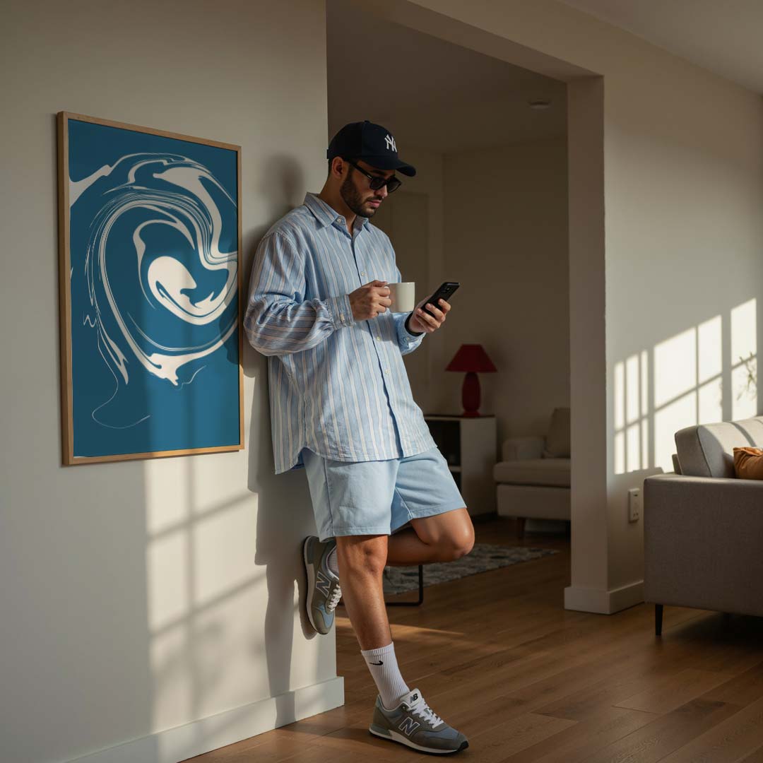 Abstracte Blauw-Zwarte Swirl – abstracte poster in staand formaat