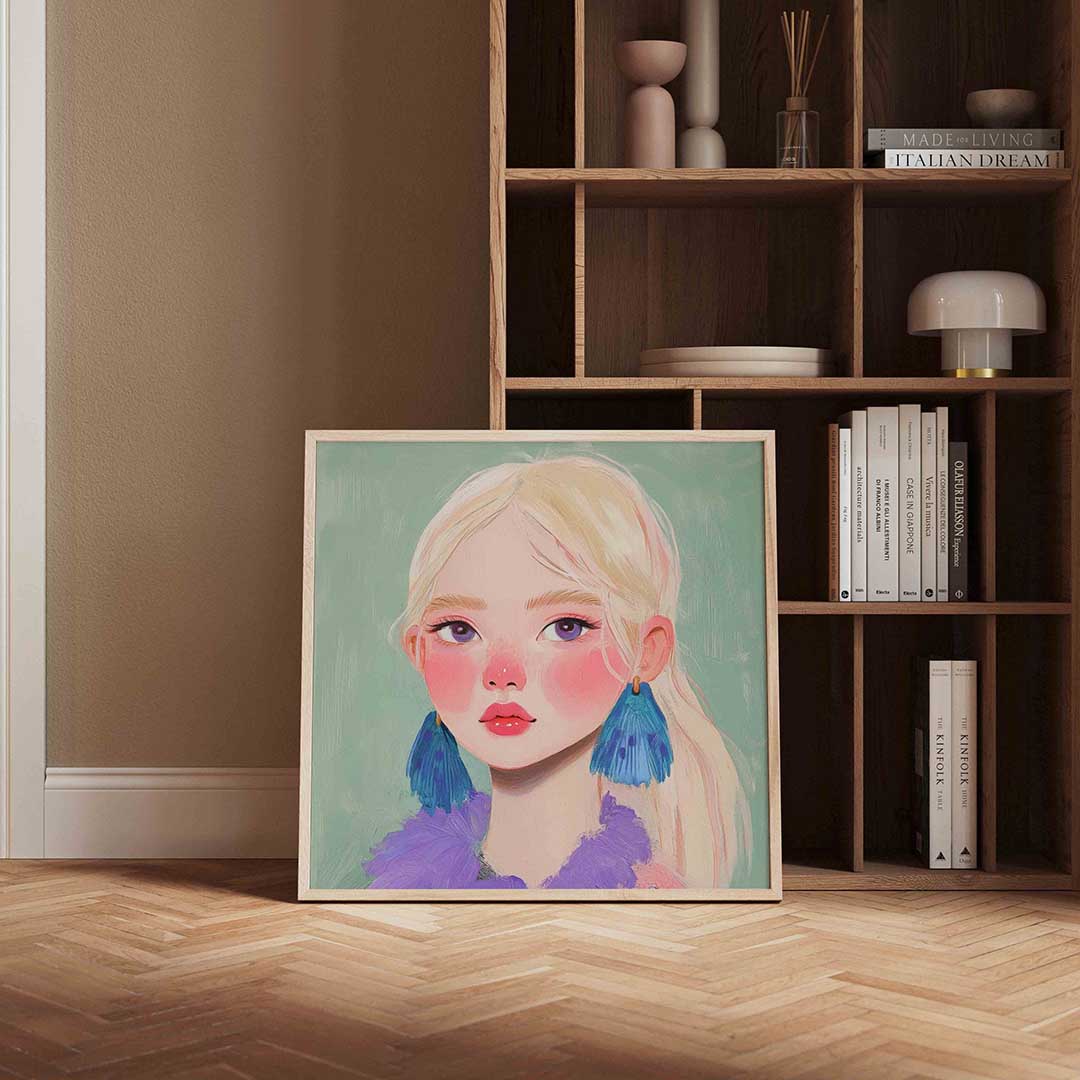 Portret met blauwe oorbellen – moderne poster in vierkant formaat