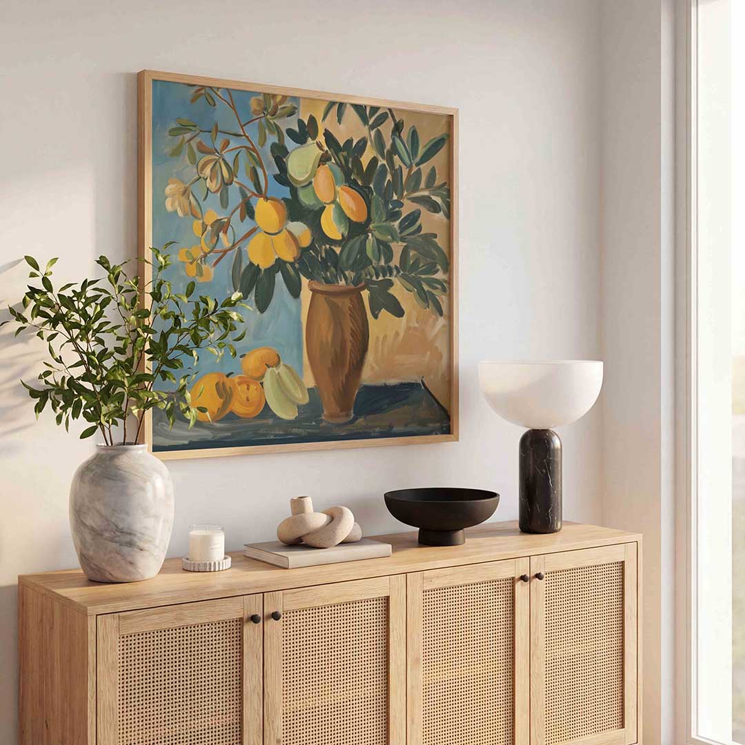 Vaas met fruit en bladeren – kunst en design poster in vierkant formaat