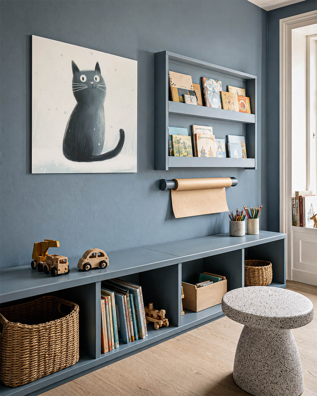 Speelse kat illustratie kunstwerk – detailweergave – dit kunstwerk toont een speelse kat met grote ogen tegen een lichte