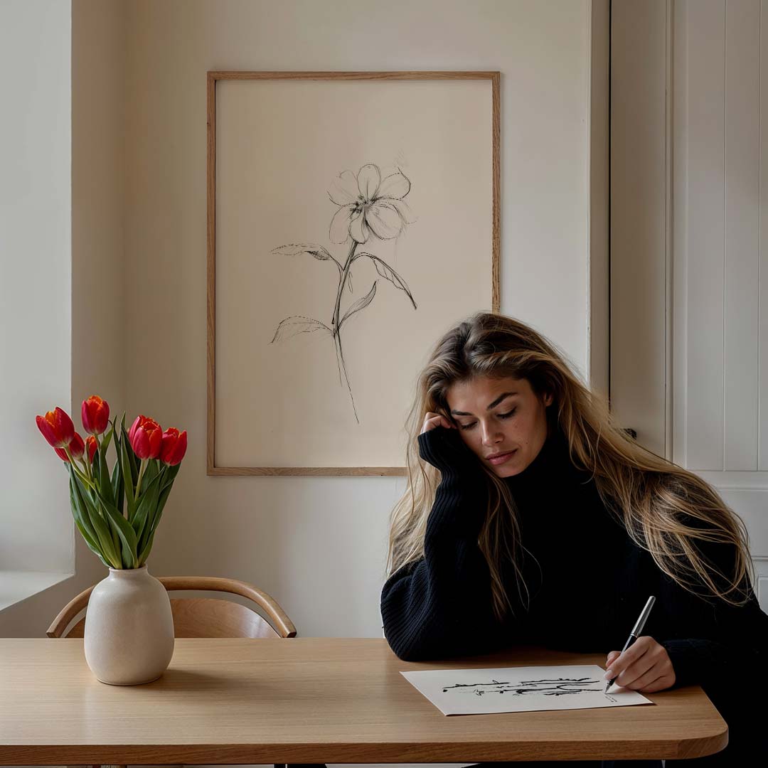 Elegante Bloementekening – staande muurposter met botanische uitstraling