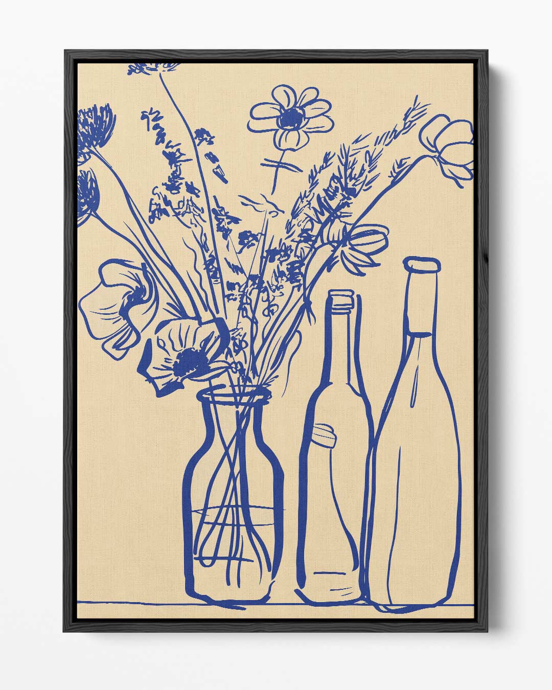 Blauwe Bloemen in Flessen Schilderij – portret kunstwerk als wanddecoratie