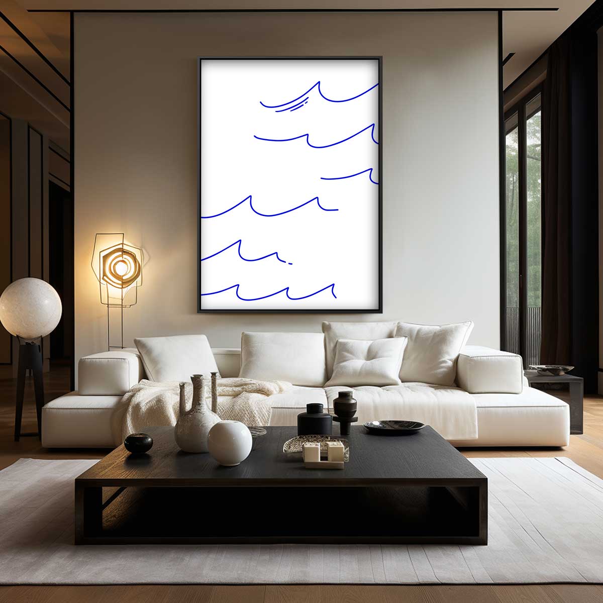Blauwe Golven – kunstwerk met zwarte baklijst