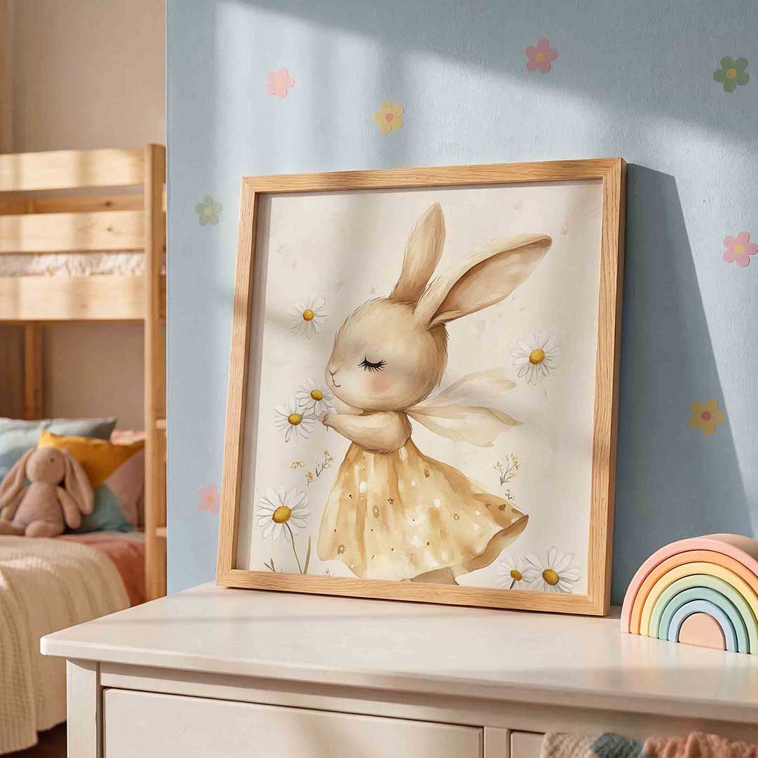 Konijn met bloemen – speelse wandkunst als vierkante kinderposter