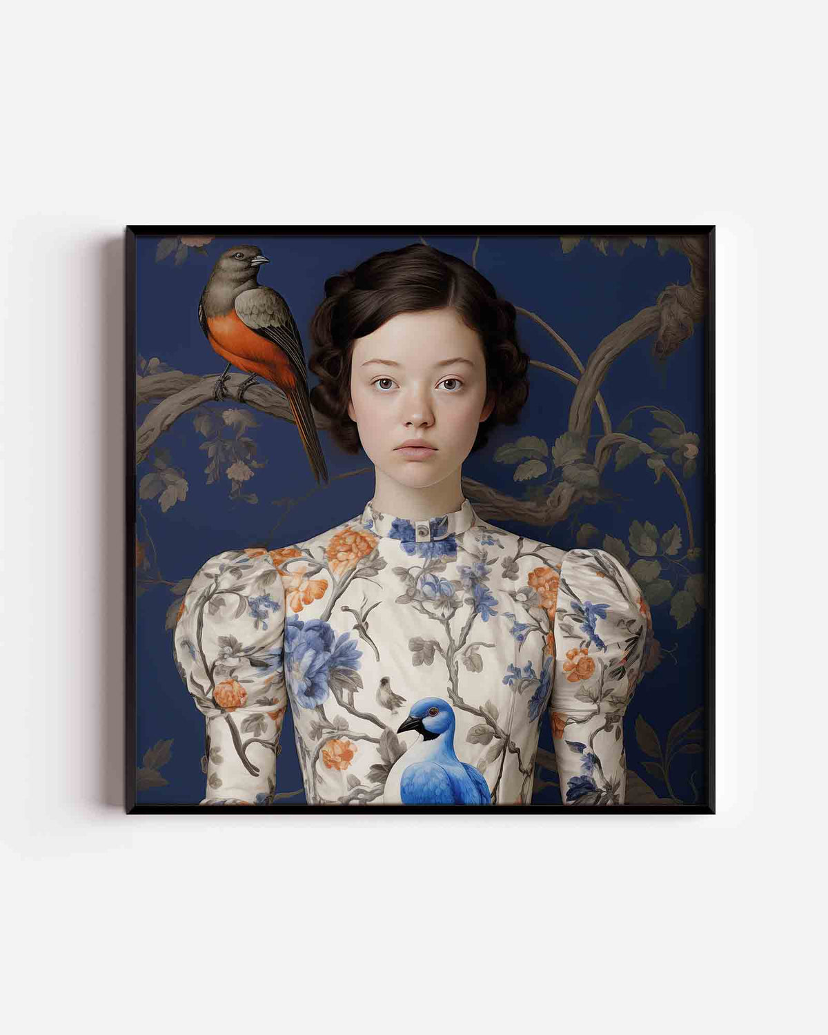Meisje met vogels – design vierkante poster als wanddecoratie