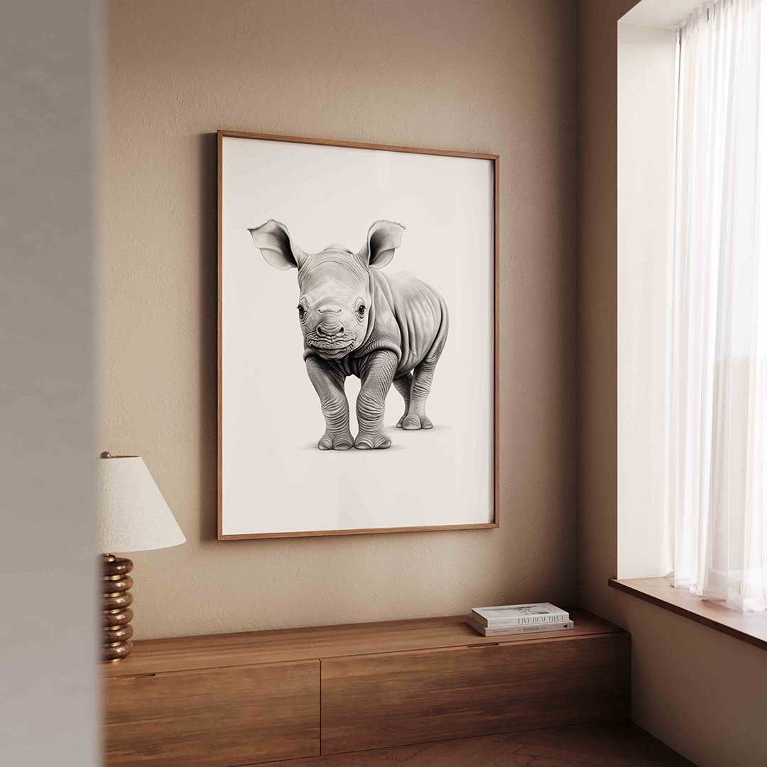 Neushoorn jong – dierenillustratie als portret poster