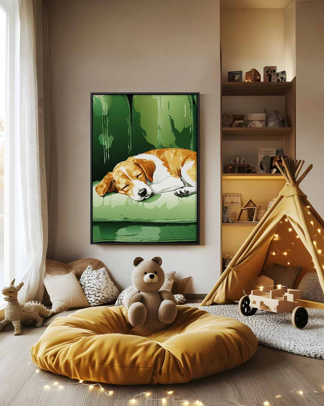 Slapende Beagle op Groene Bank – modern portret kunstwerk van WallArtistic