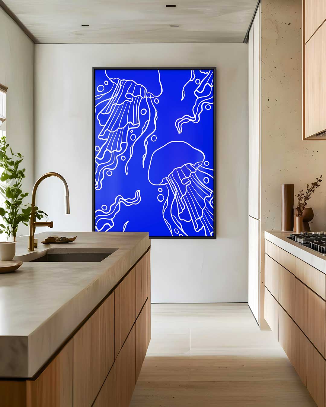 Dromerige Kwallen in Diepblauw – staand kunstwerk voor modern interieur