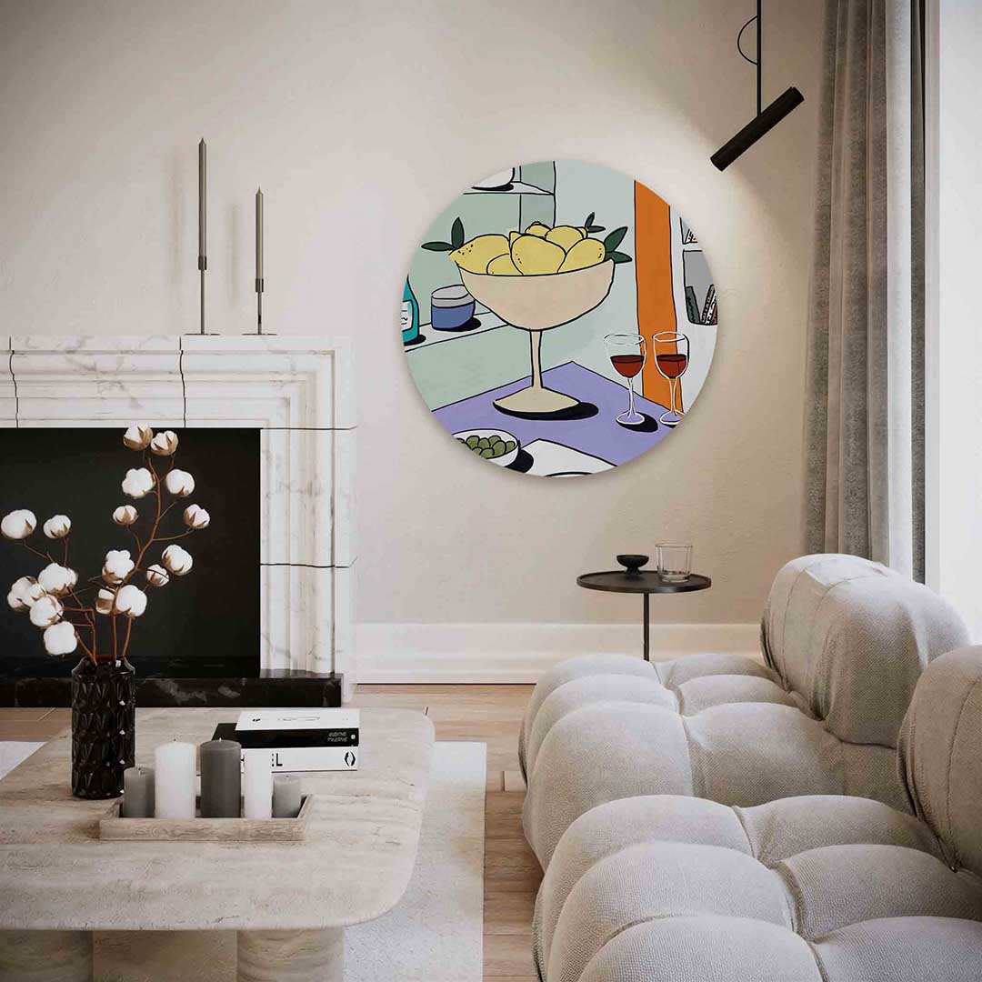 Citroenen en glazen – abstracte textuur muurcirkel als wanddecoratie