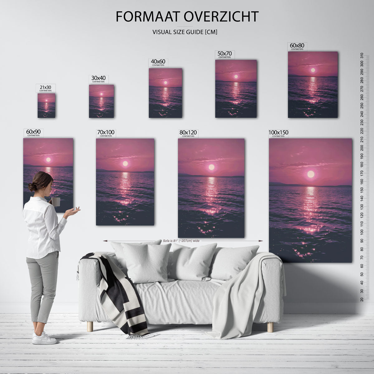 Zonsondergang boven zee – staande muurposter met kleurrijke abstracte vormen