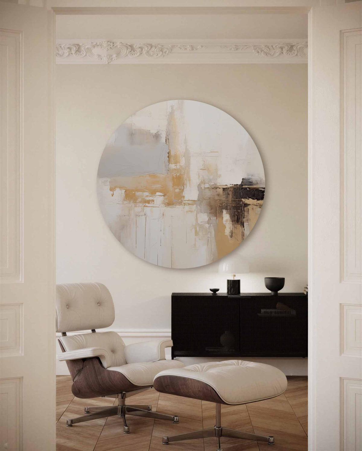 Abstracte beige – muurcirkel met kleur en vormen voor aan de muur