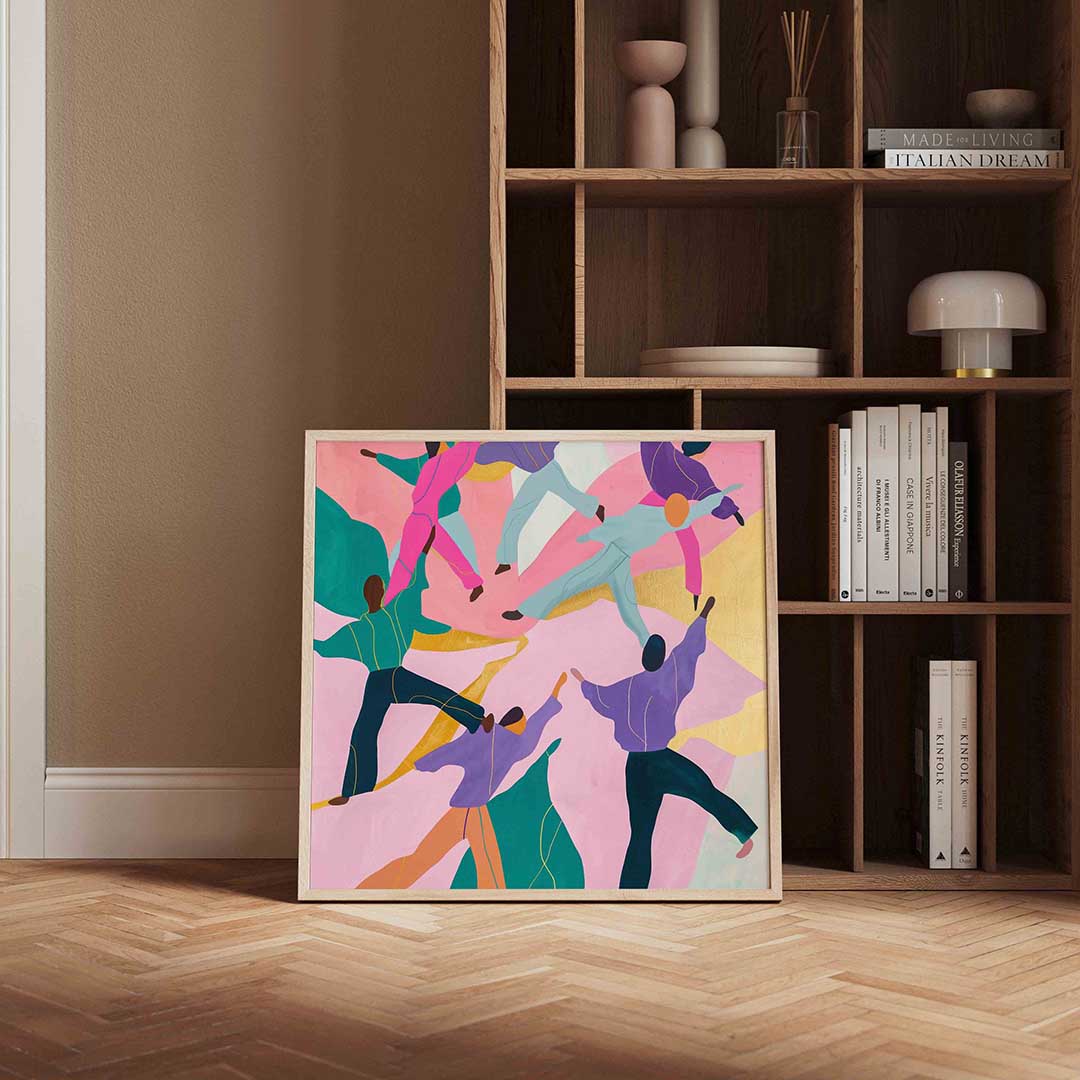 Dansende figuren – vierkante design wanddecoratie van WallArtistic