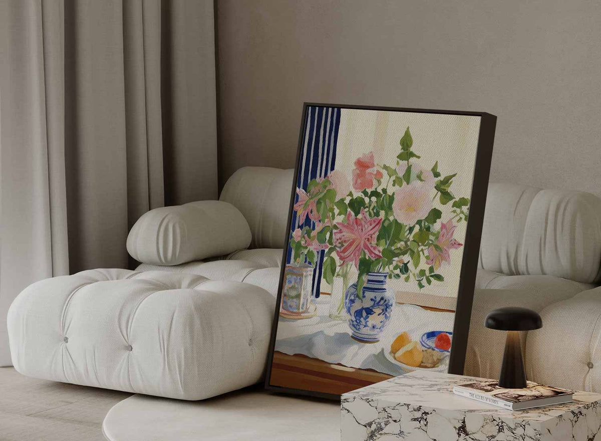 Bloemenpracht in Blauw-Witte Vaas – modern portret kunstwerk van WallArtistic