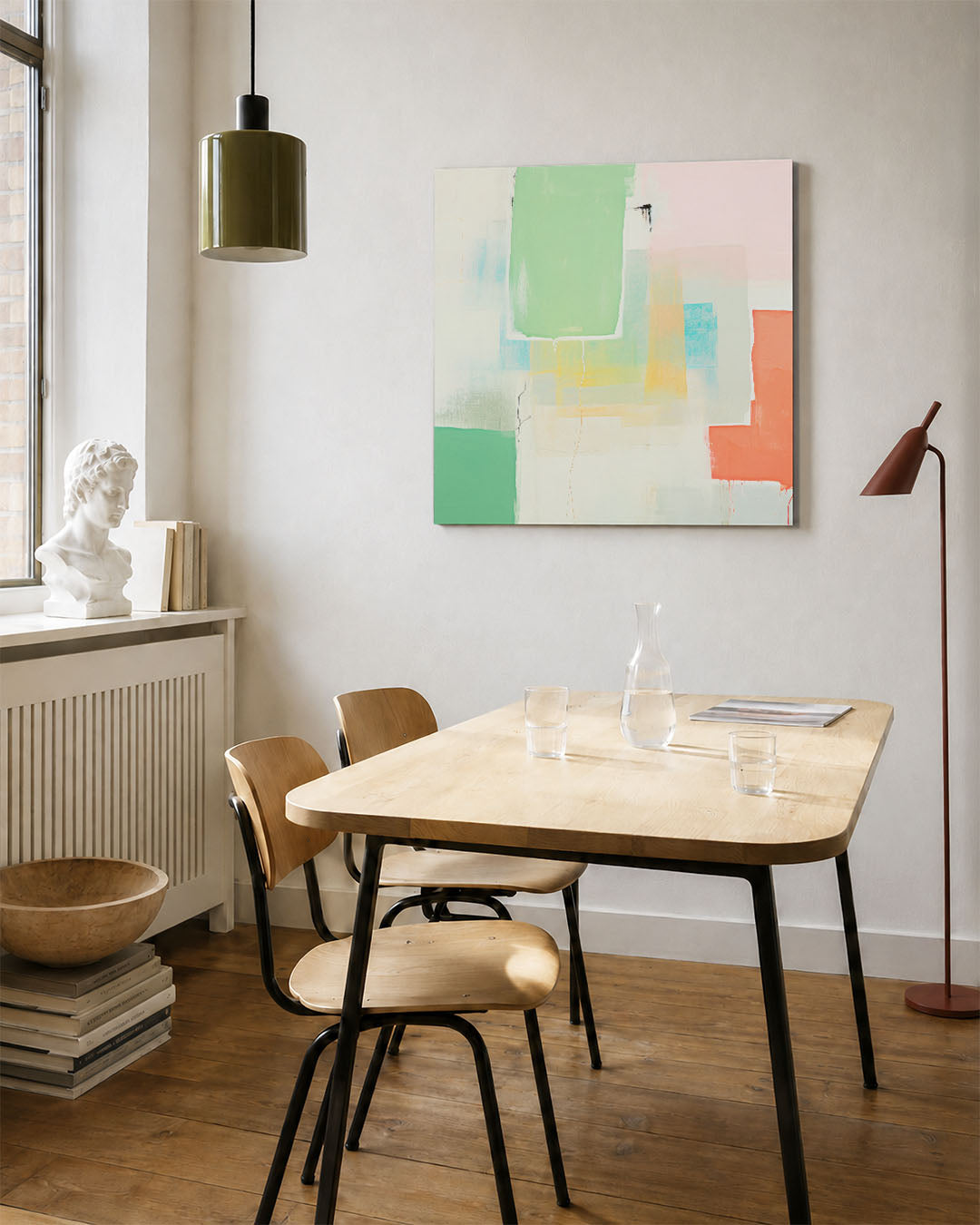Kleurrijke vlakken kunstwerk – vierkante wanddecoratie – dit werk toont een compositie van overlappende rechthoeken in zachte