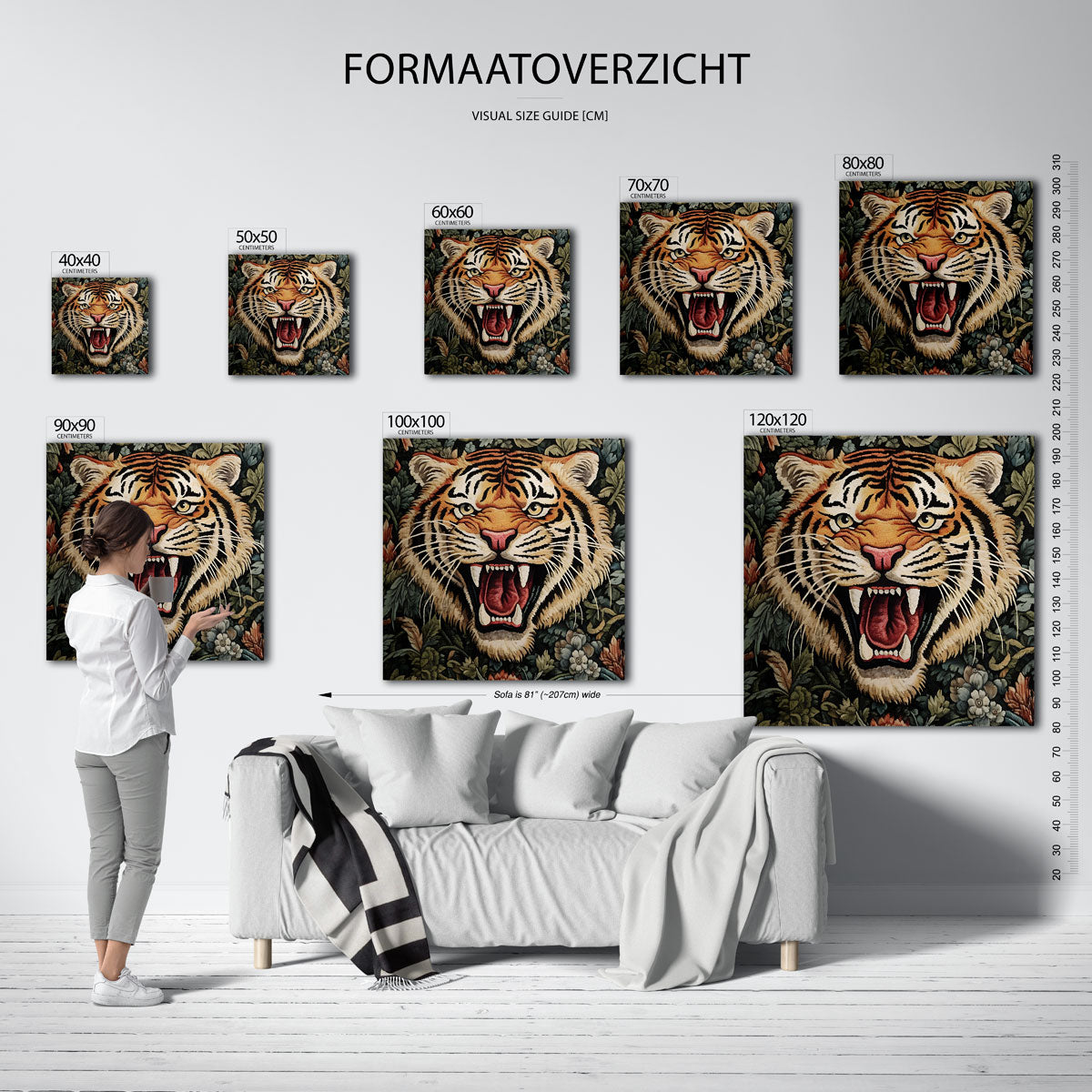 Tijger met bloemen – vierkante muurposter in William Morris stijl