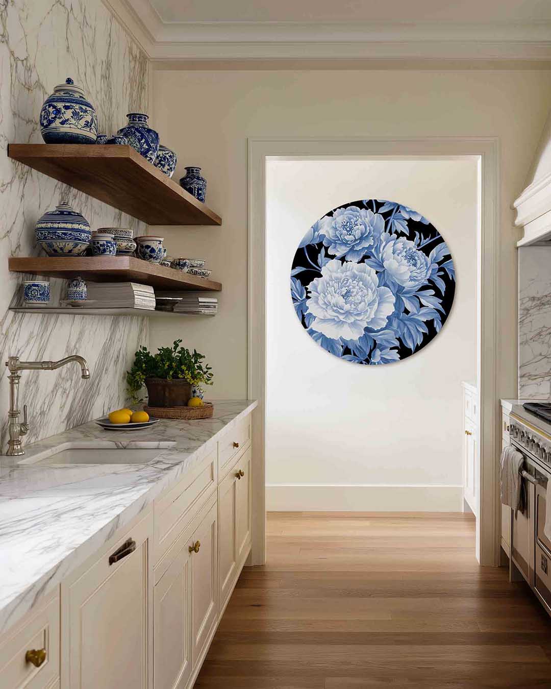 Blauwe bloemen – kleurrijke Pop Art muurcirkel voor aan de muur