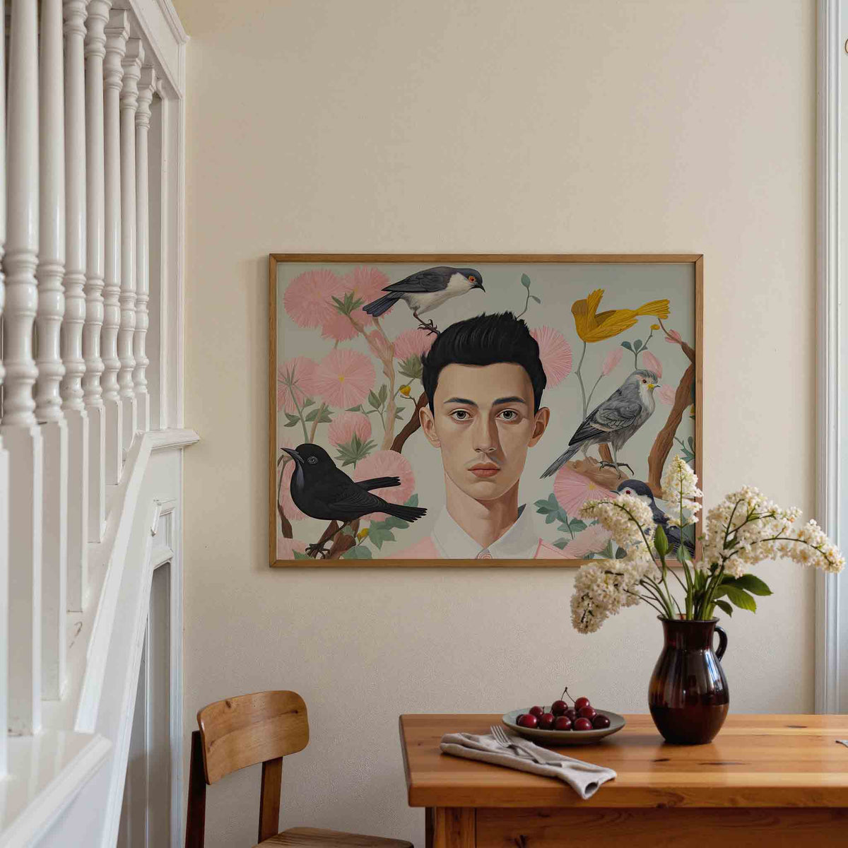 Vogel en bloemen portret – liggende illustratie poster als wanddecoratie