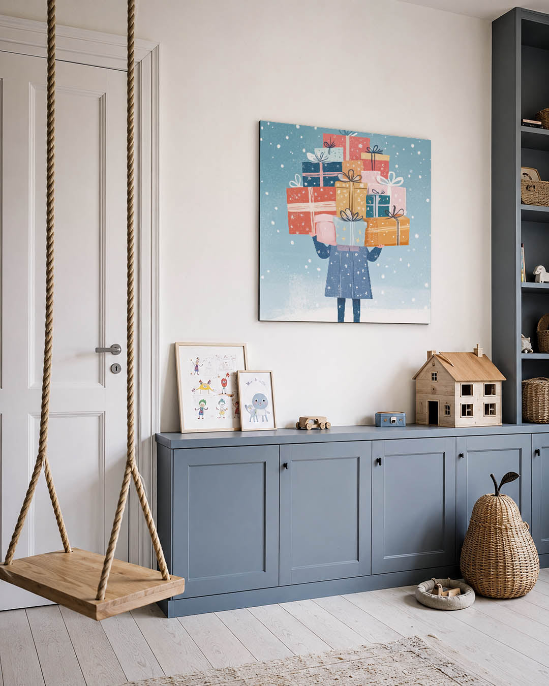 Speelse cadeau illustratie kunstwerk – vierkante wanddecoratie – dit werk toont een figuur met een stapel kleurrijke cadeaus