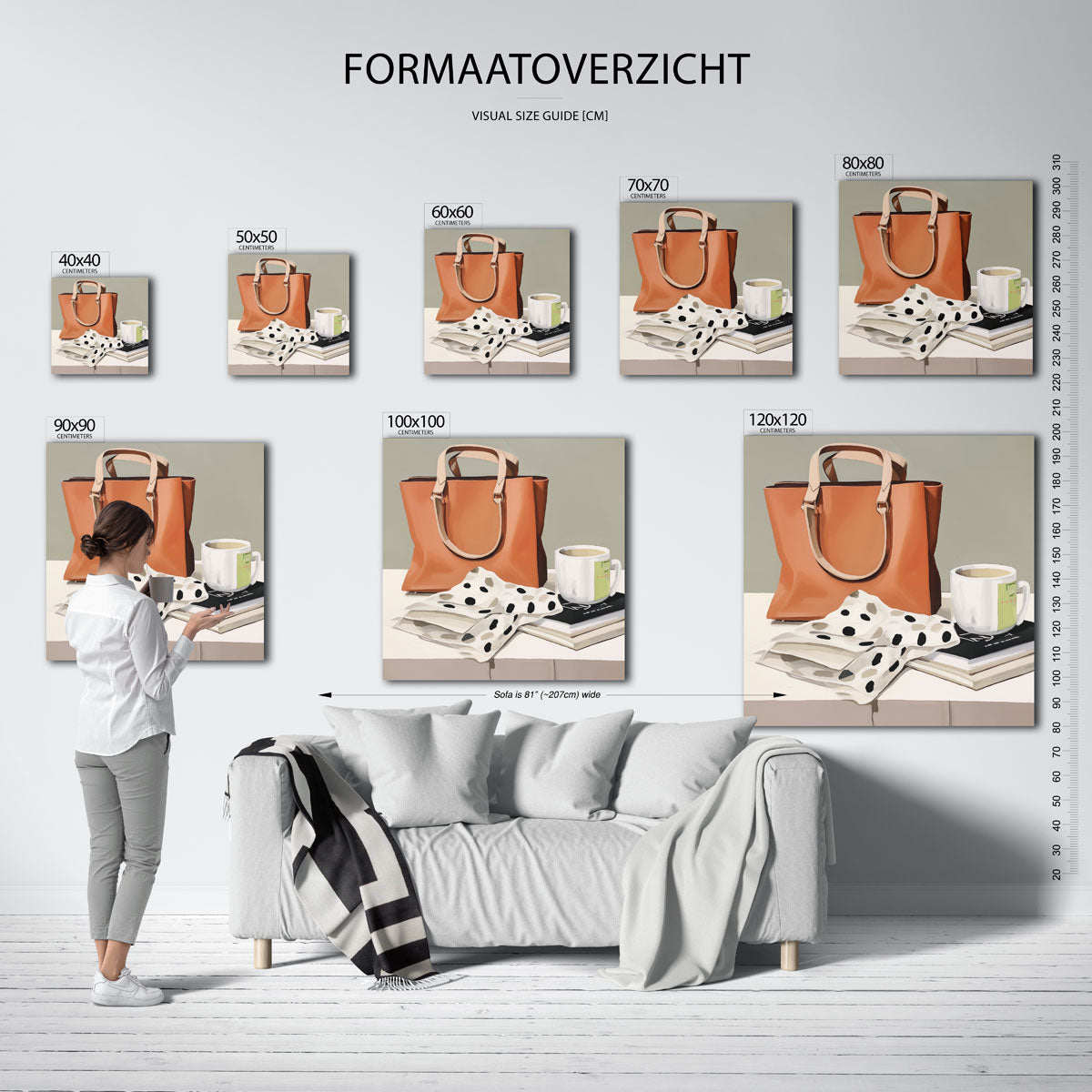 Tas en mok op tafel – vierkante muurposter met kleurrijke vormen