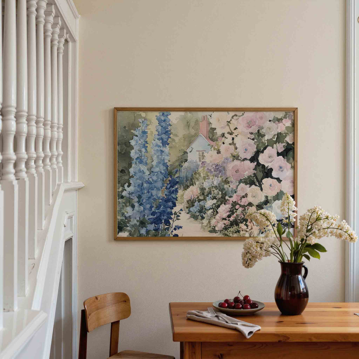 Bloementuin met huisje – botanische poster in liggend formaat