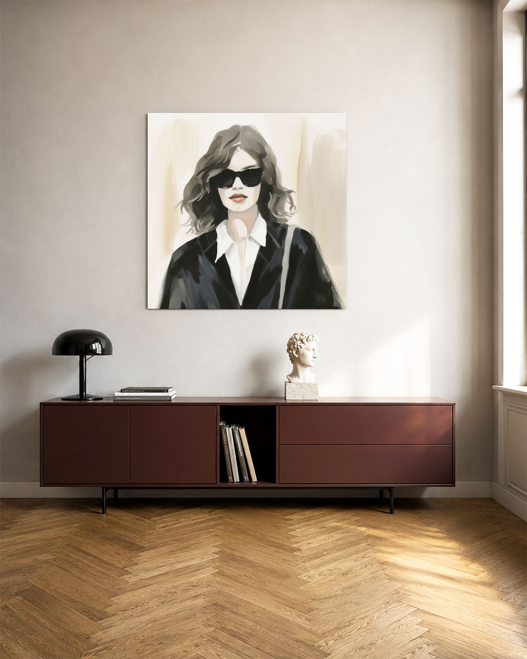 Stijlvolle vrouw kunstwerk – tweede productweergave – dit kunstwerk toont een vrouw met donkere zonnebril en golvend haar. De