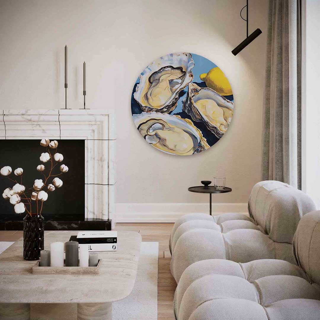 Oesters en citroen – abstracte textuur muurcirkel als wanddecoratie