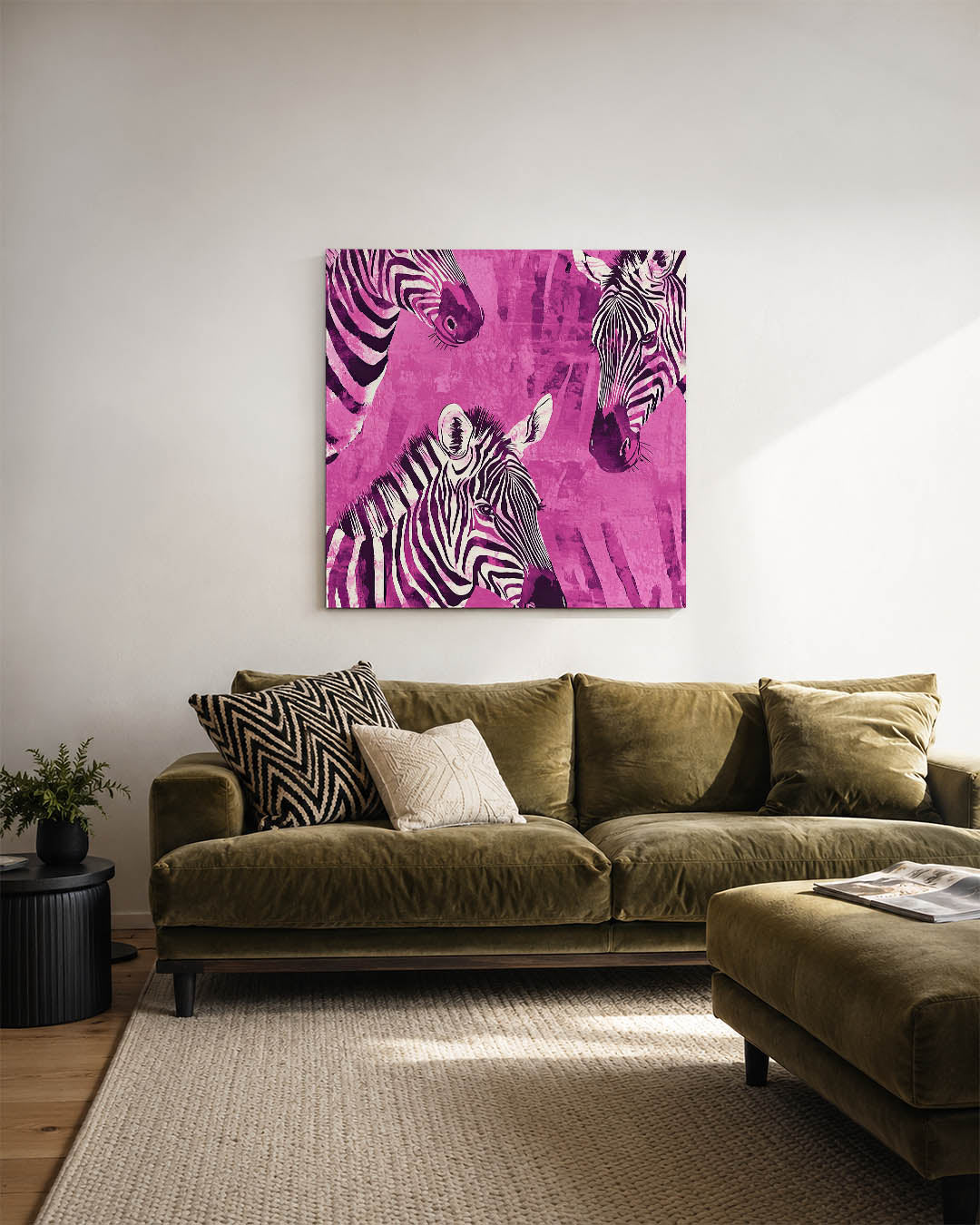 Zebra's in levendige tinten kunstwerk – sfeerbeeld – dit werk toont zebra's met opvallende strepen tegen een levendige