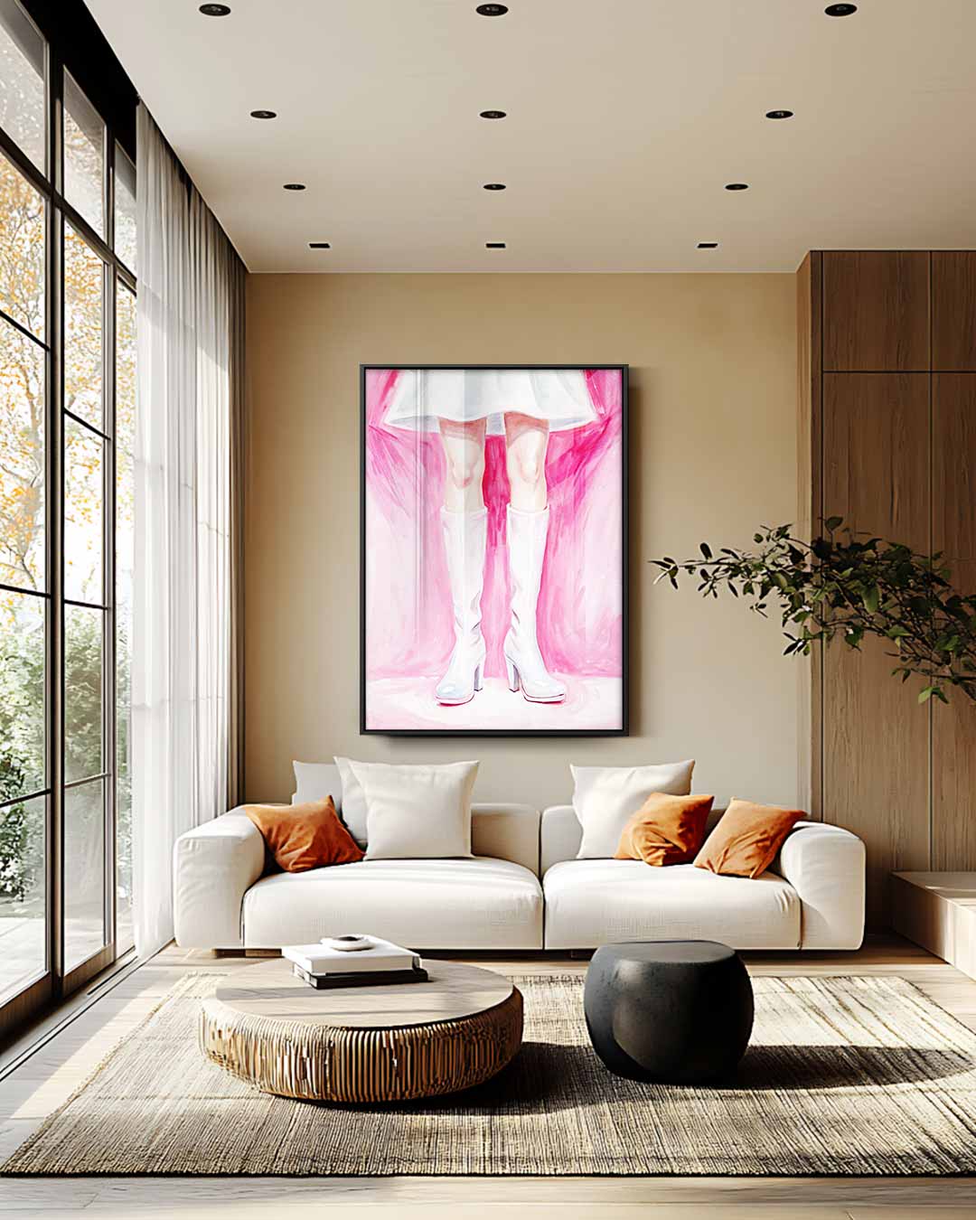 Witte Laarzen op Roze – modern portret kunstwerk van WallArtistic
