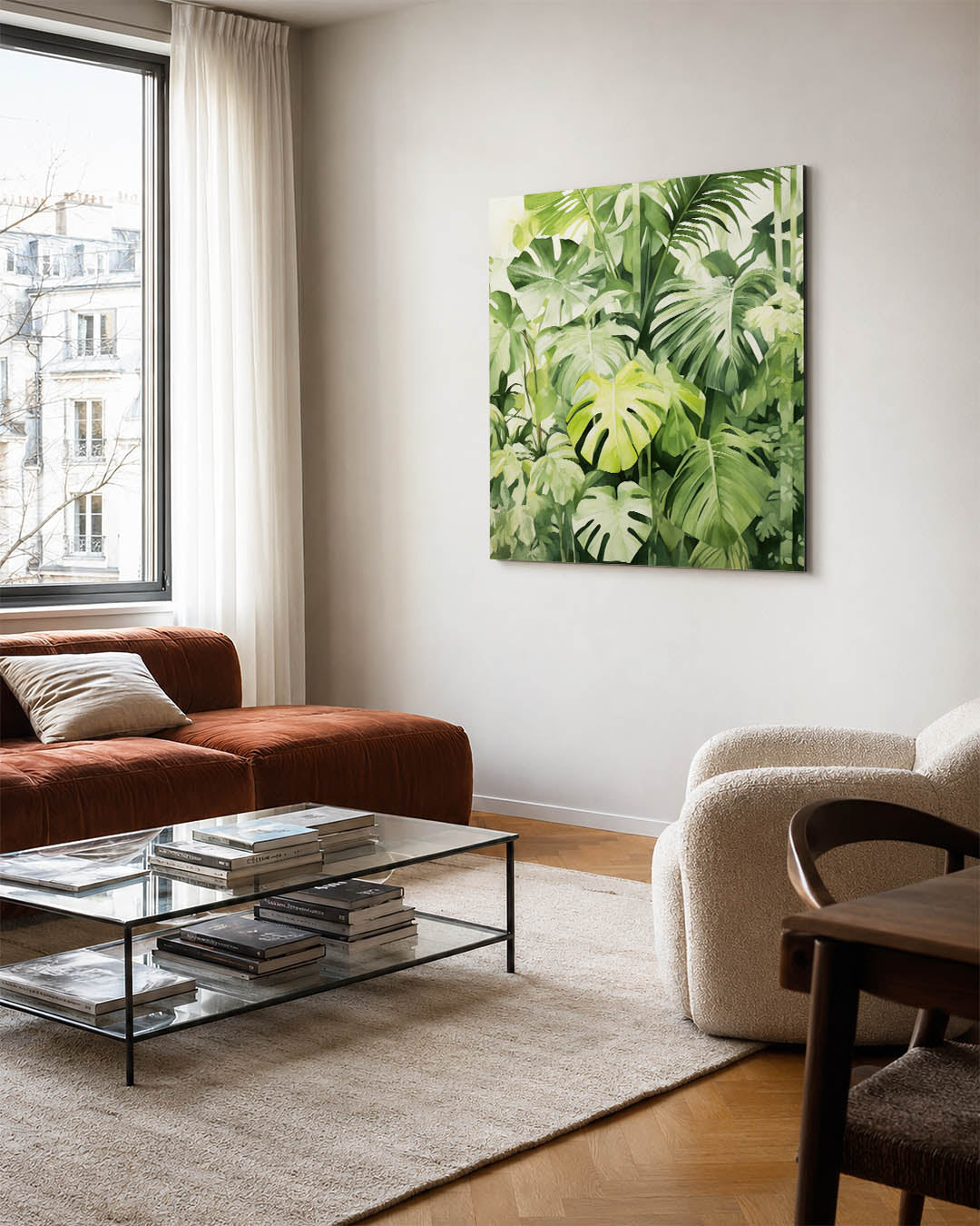 Groene bladeren compositie kunstwerk – vierkante wanddecoratie – dit werk toont een verzameling van grote, groene bladeren
