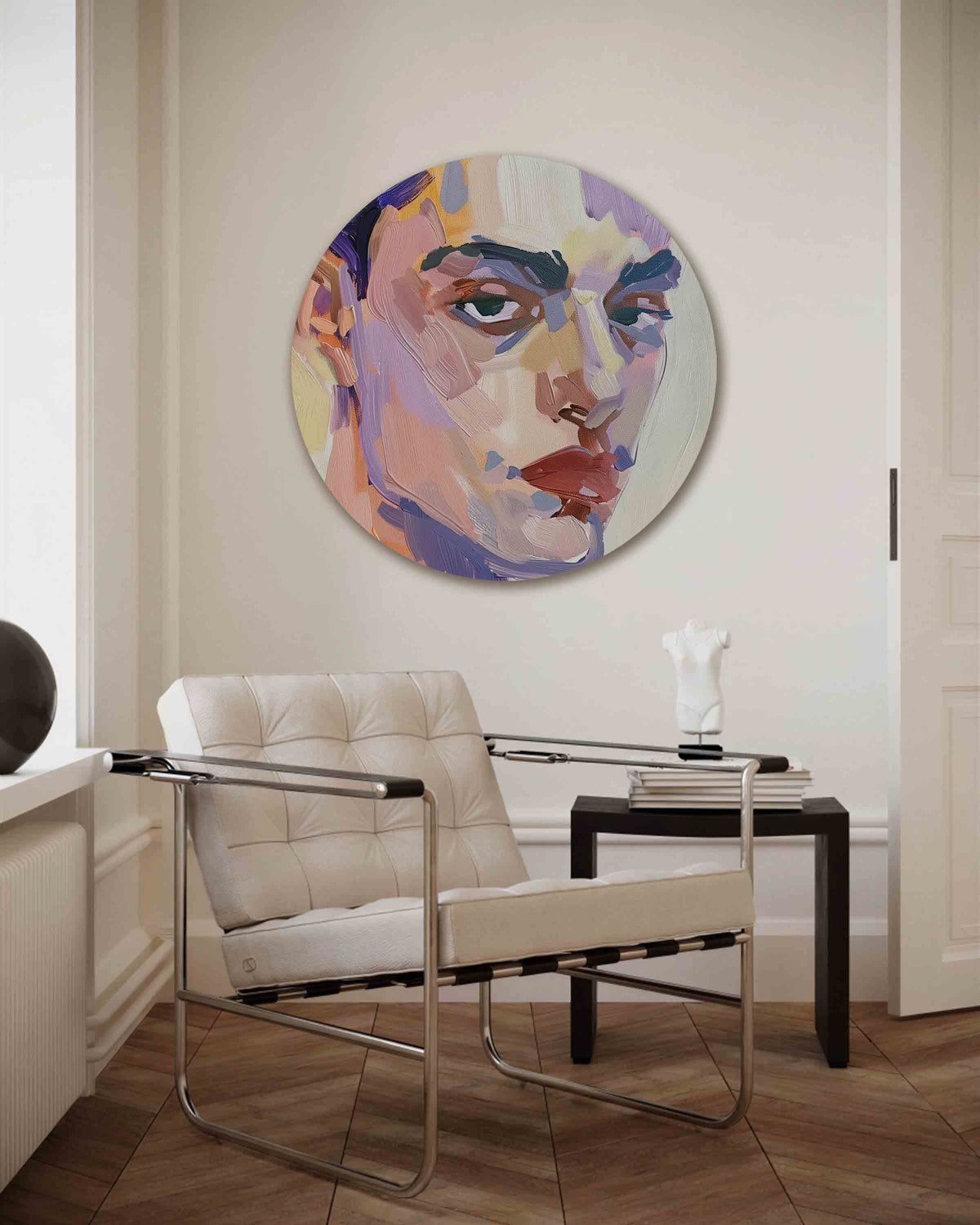 Portret in levendige kleuren – kleurrijke muurcirkel als ronde wanddecoratie