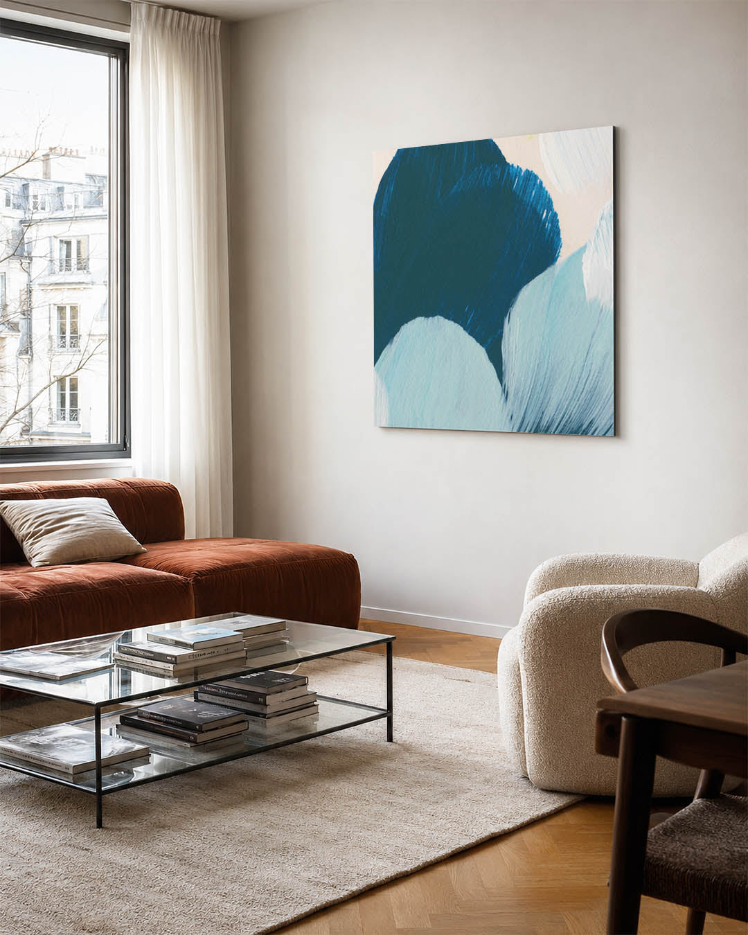 Vloeiende kleurencompositie kunstwerk – vierkante wanddecoratie – dit kunstwerk toont vloeiende penseelstreken in blauw en