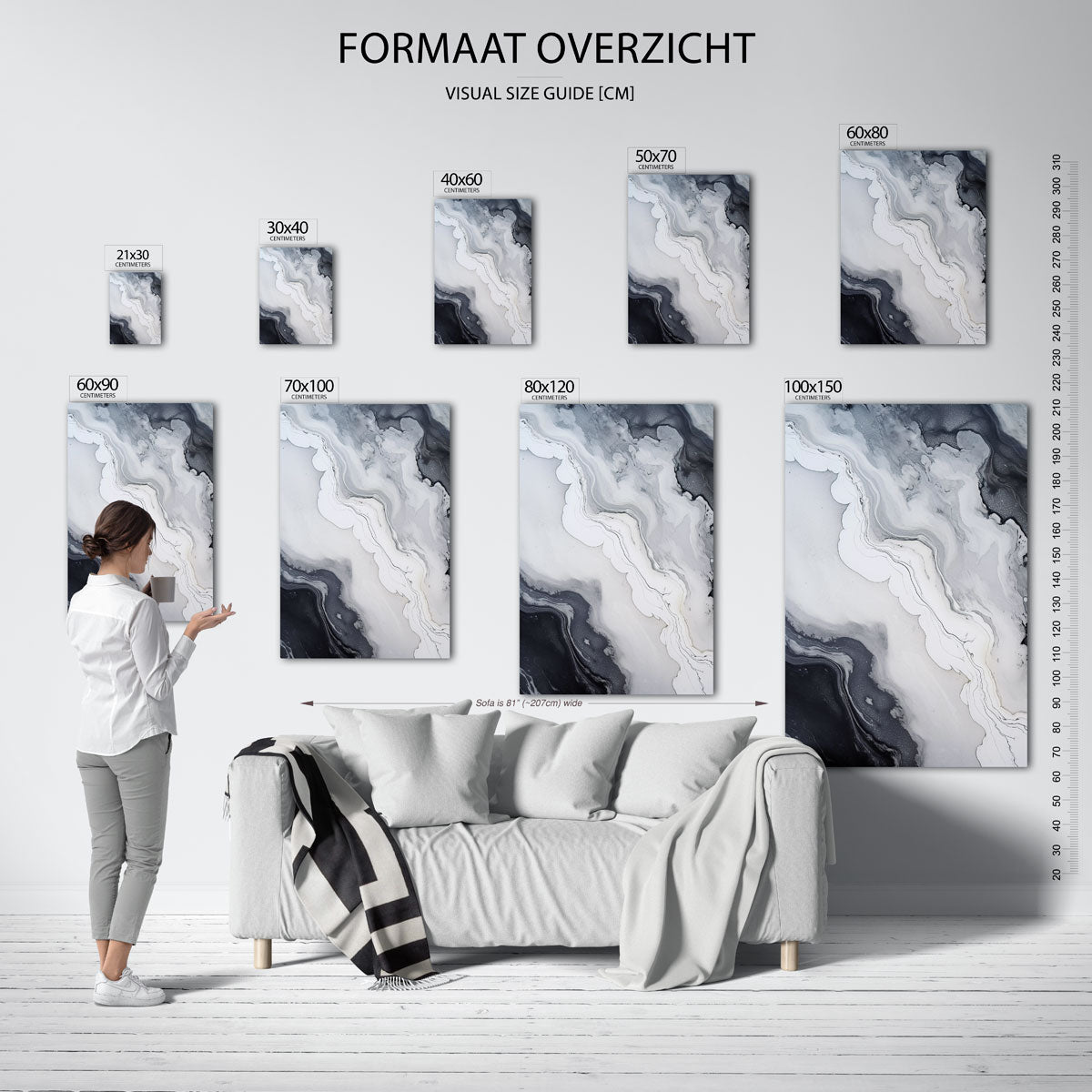 Zwart wit marmer effect – staande muurposter met zachte abstracte vormen