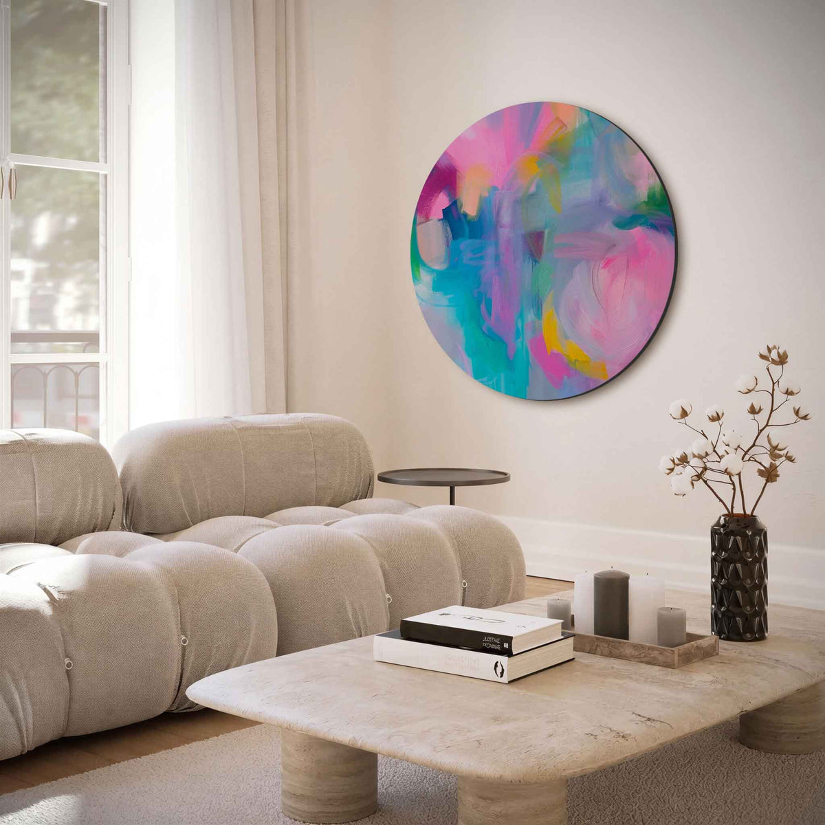 Abstracte kleurenexplosie – muurcirkel met abstracte texturen voor aan de muur