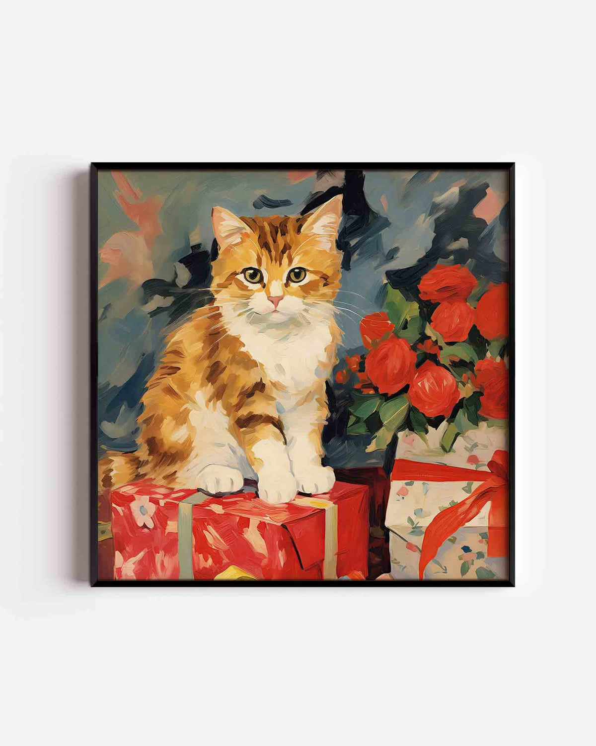 Kat met rode rozen – kerst vierkante poster als wanddecoratie