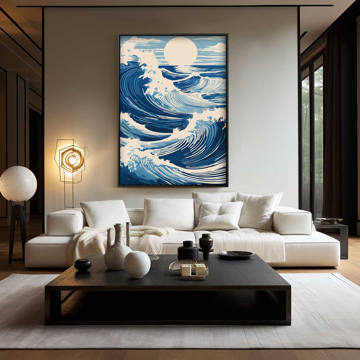Golven van de Zonsondergang – kunstwerk met zwarte baklijst
