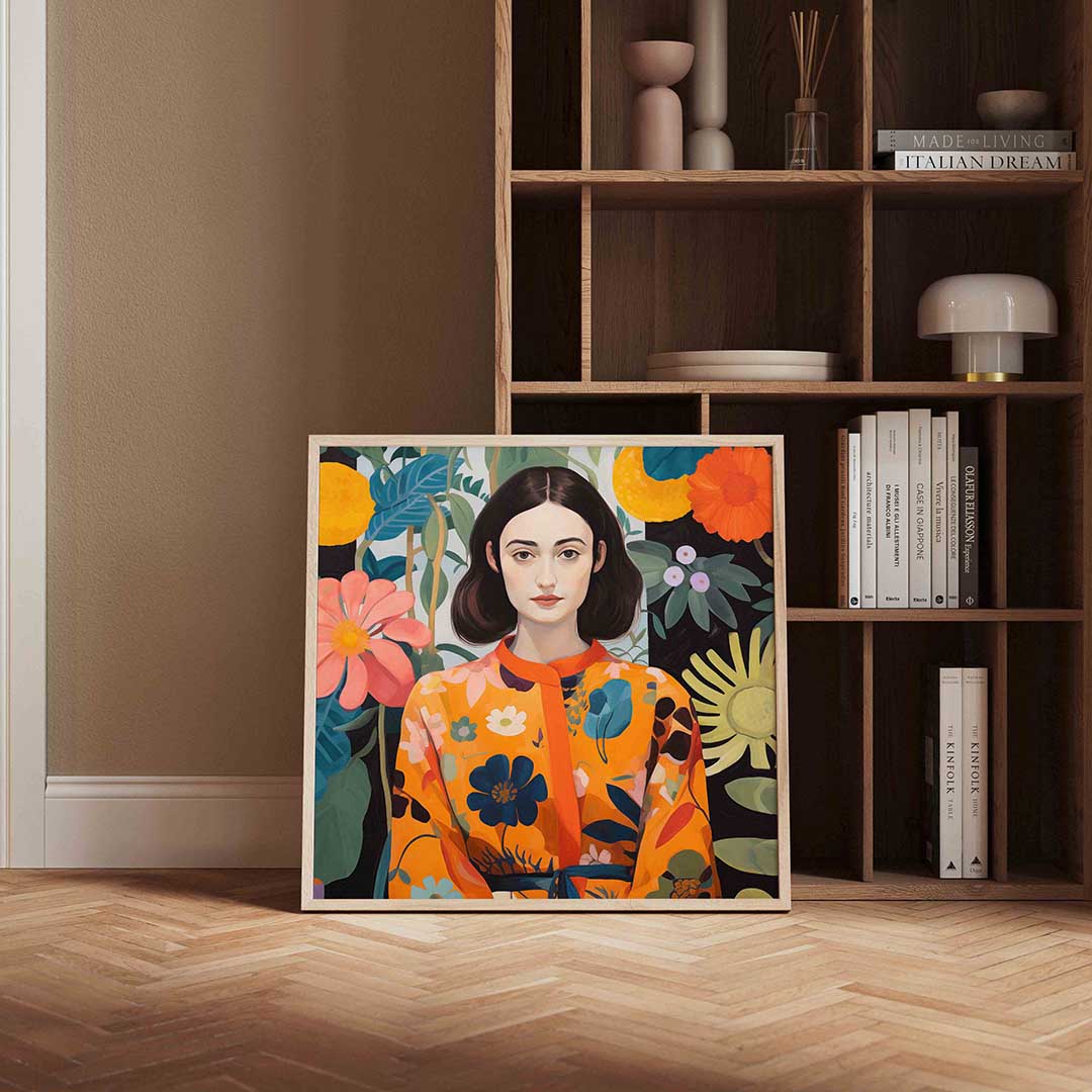 Vrouw met bloemen – vierkante design wanddecoratie van WallArtistic