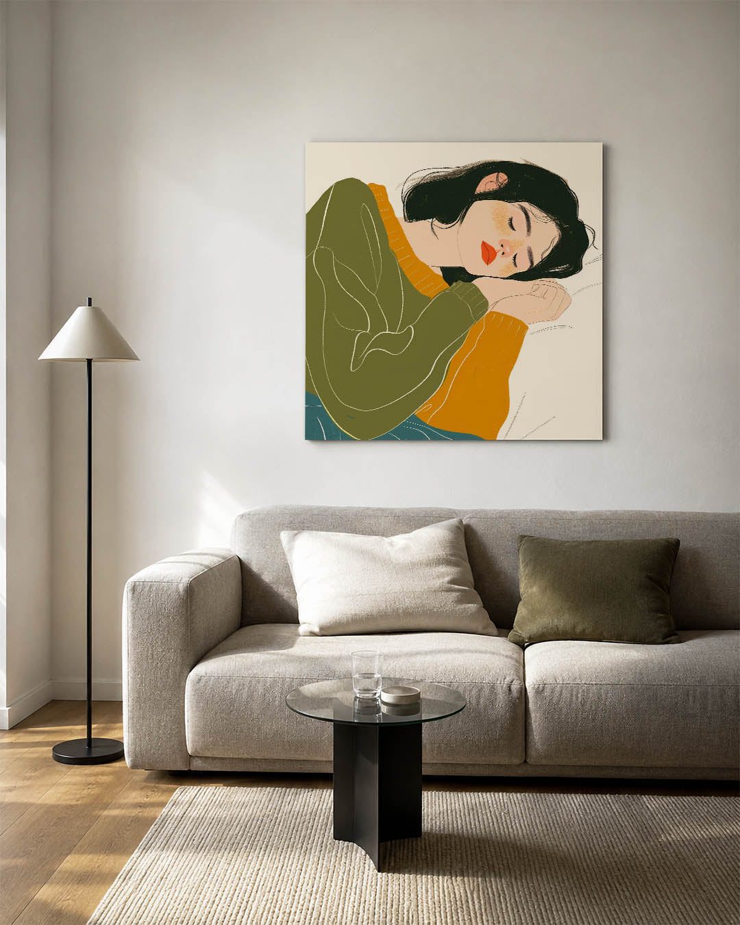 Dromerige rust kunstwerk – vierkante wanddecoratie – dit kunstwerk toont een serene scène van een slapende vrouw. De zachte