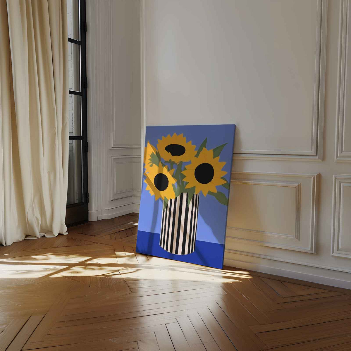 Zonnige Zonnebloemen in Streepjesvaas – dibond wanddecoratie in staand formaat