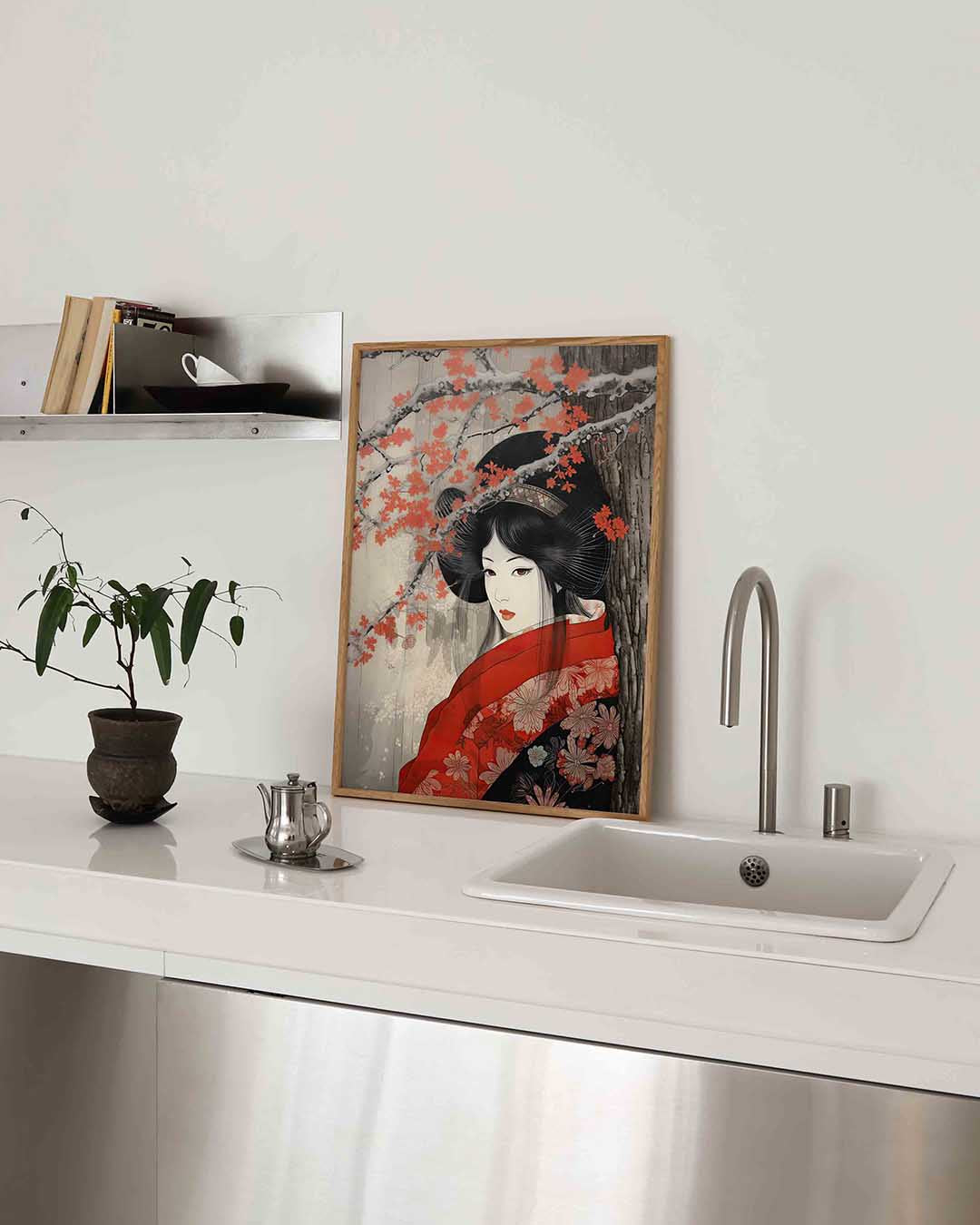 Vrouw met rode kimono – Aziatische poster in staand formaat