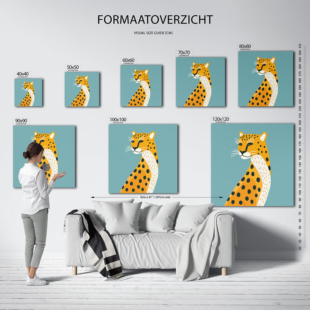 Luipaard illustratie kunstwerk – sfeerbeeld – dit werk toont een luipaard met opvallende zwarte stippen op een oranje lichaam