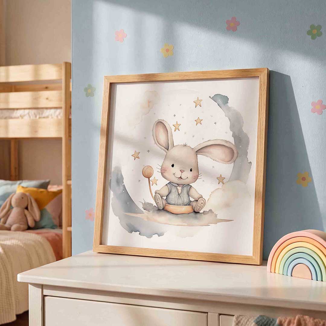 Konijn met sterren – speelse wandkunst als vierkante kinderposter