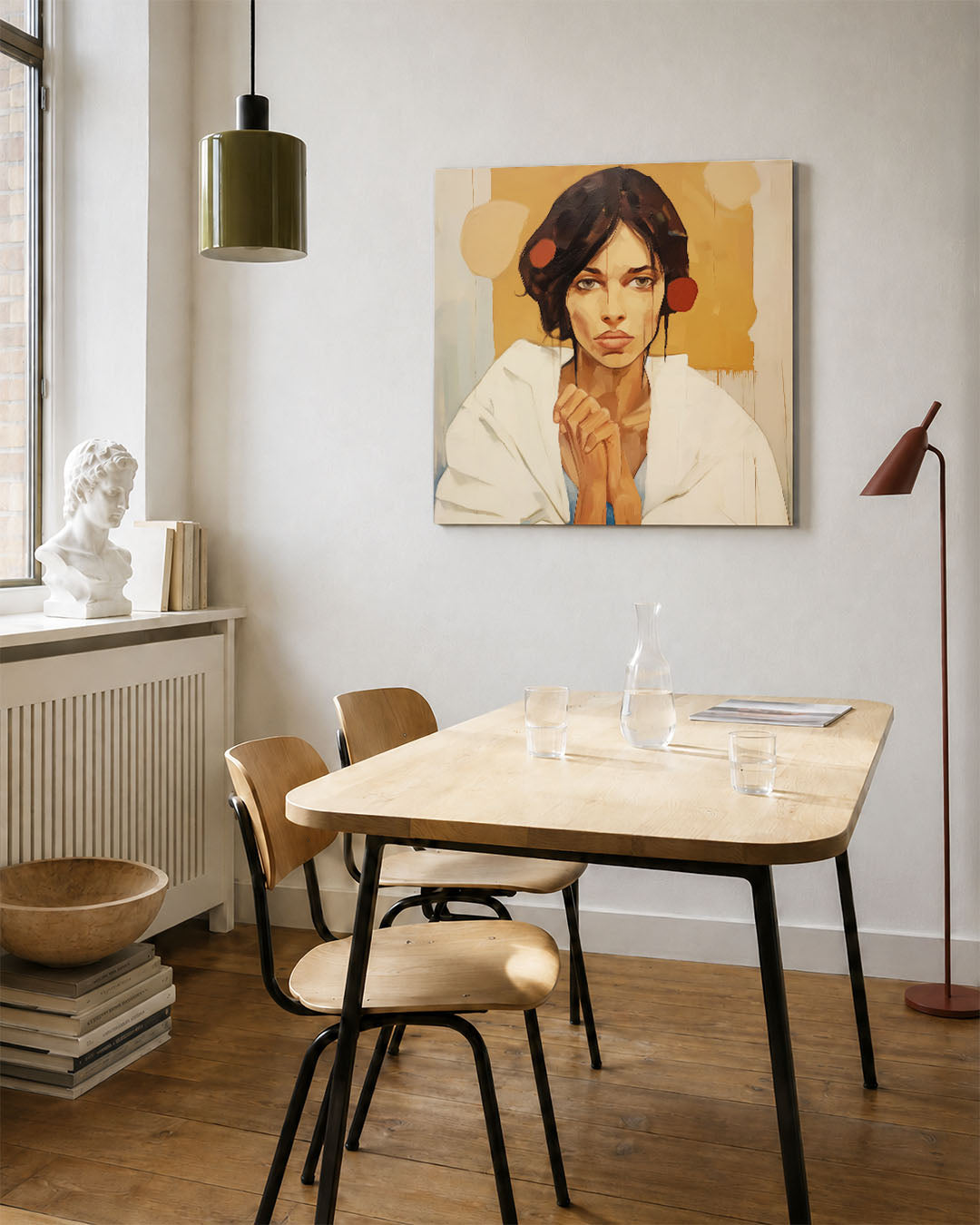 Portretstudie kunstwerk – vierkante wanddecoratie – dit werk toont een vrouw met een intense blik. De compositie is