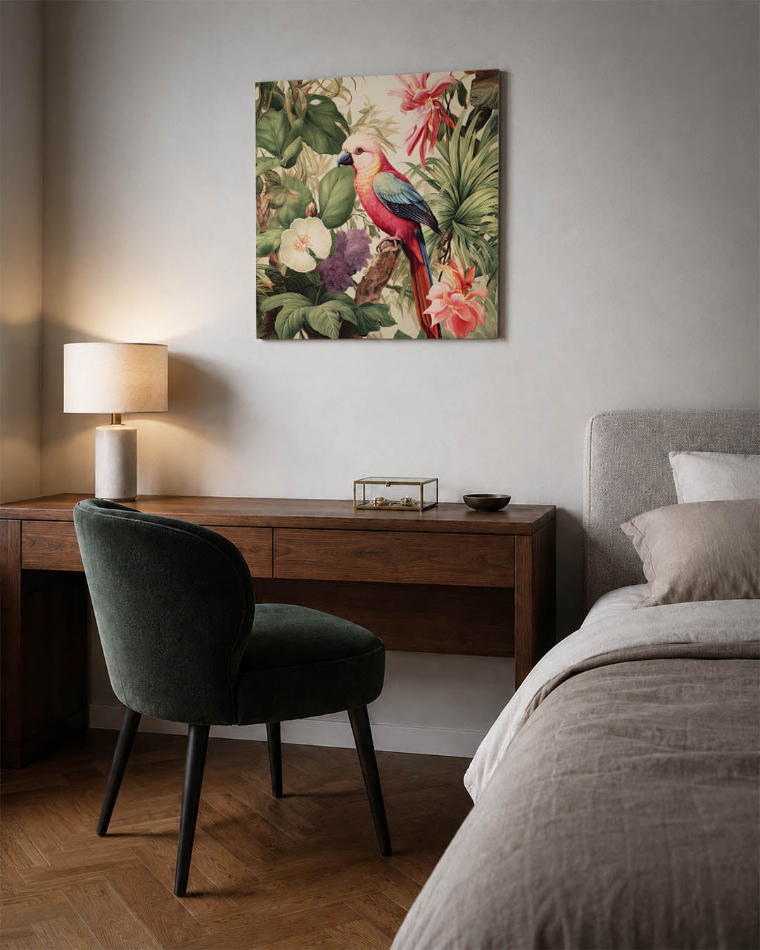 Exotische vogel en bloemen kunstwerk – materiaalweergave – dit werk toont een kleurrijke vogel te midden van weelderige